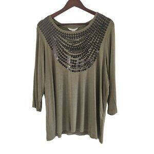 Laura Ashley Woman Green Sequin Top Blouse 3/4 Sleeve Size 2X New NWT